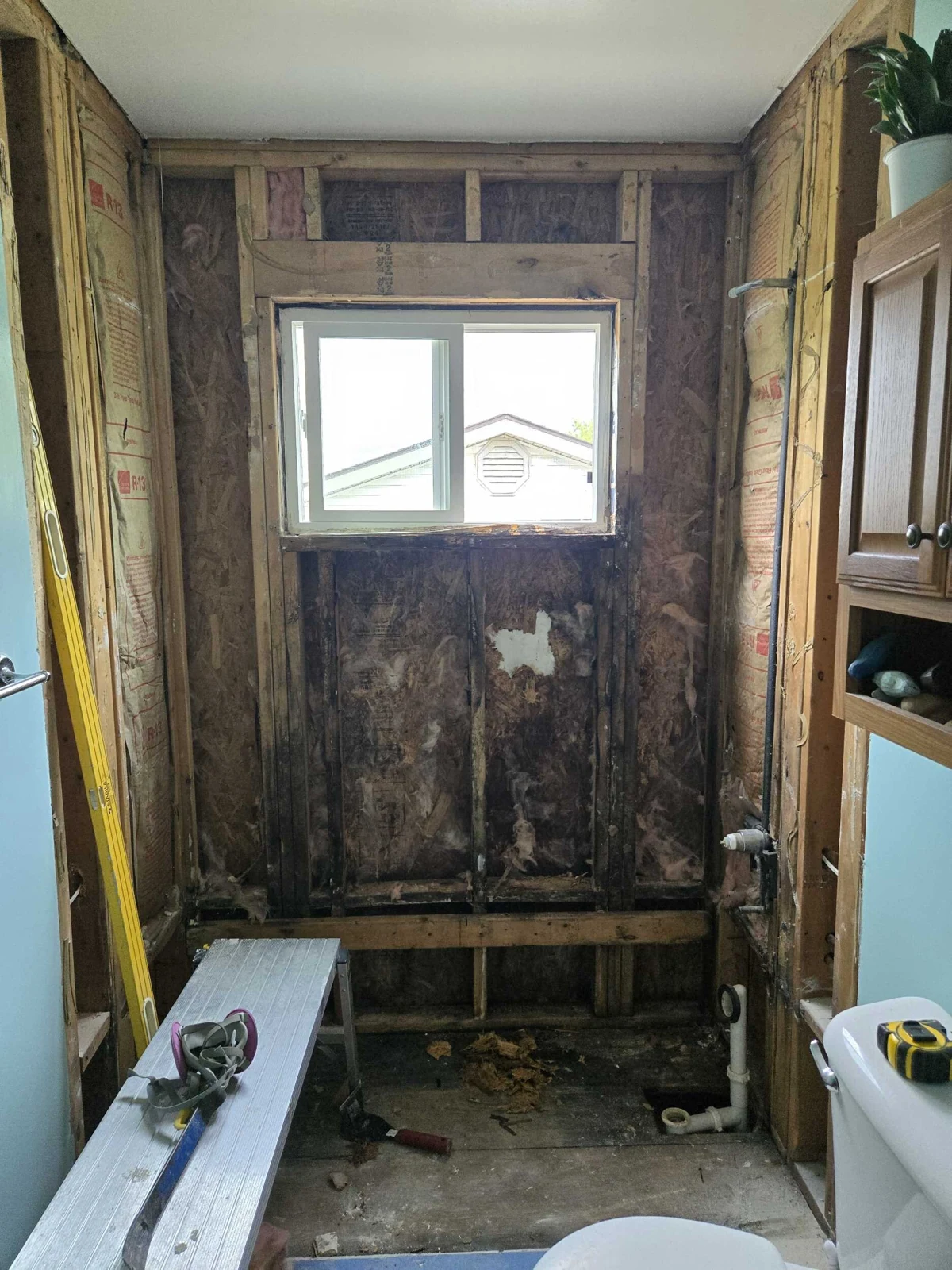 Picture of shower wall with window in shower and water damage
