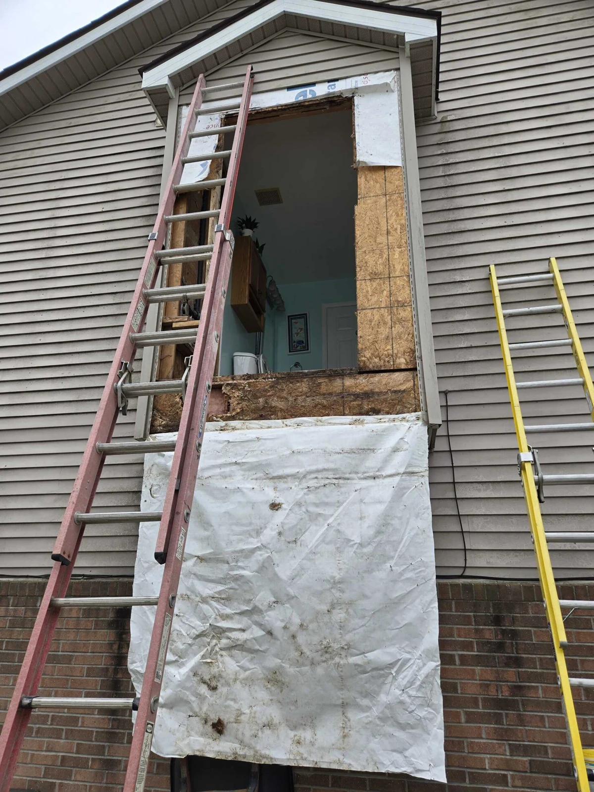 Picture of shower wall with window in shower and water damage