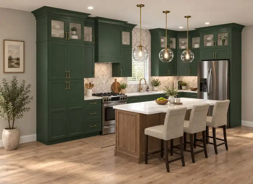 Deep Green + Warm Oak kitchen, 3D design