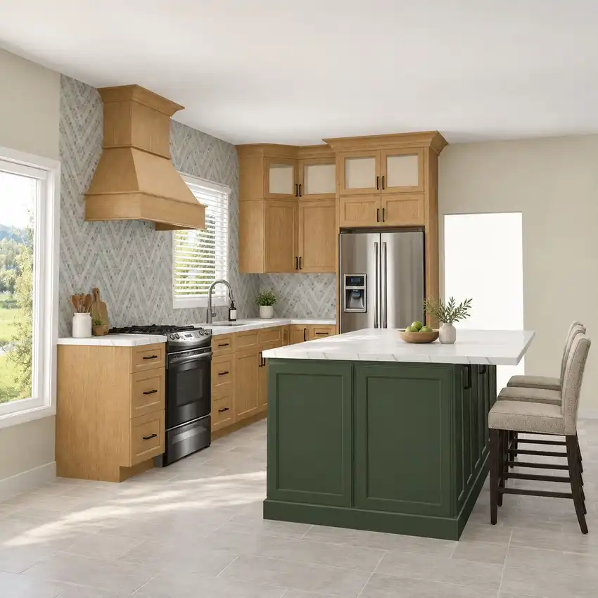 Natural Oak + Deep Green kitchen, 3D design