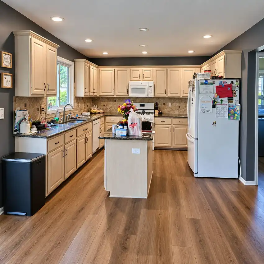 Soft Blue + Natural Oak kitchen, before
