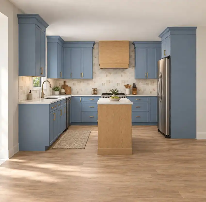Soft Blue + Natural Oak kitchen, 3D design 2