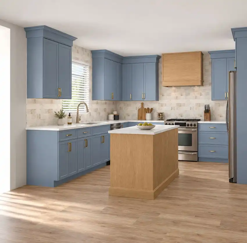 Soft Blue + Natural Oak kitchen, 3D design