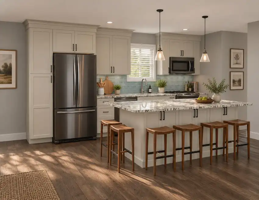 Warm Greige + Oversized Island kitchen, 3D design