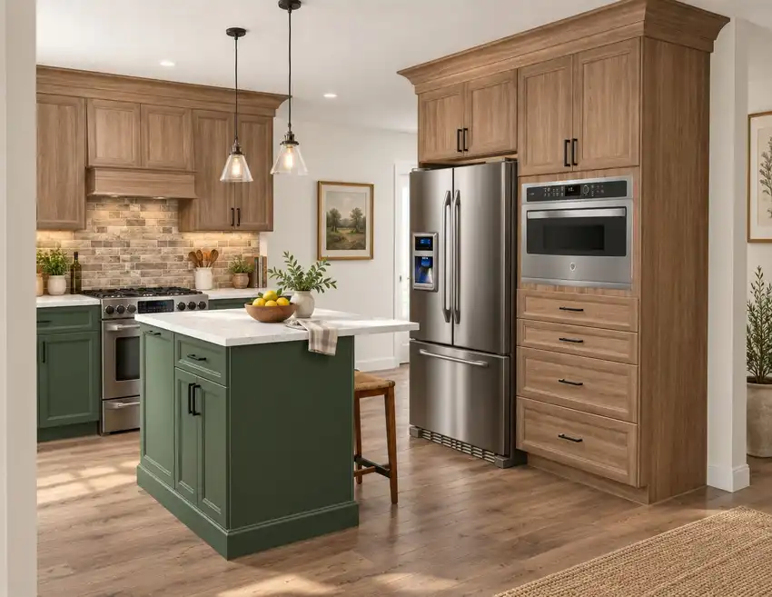 Warm Natural + Deep Green kitchen, 3D design 2