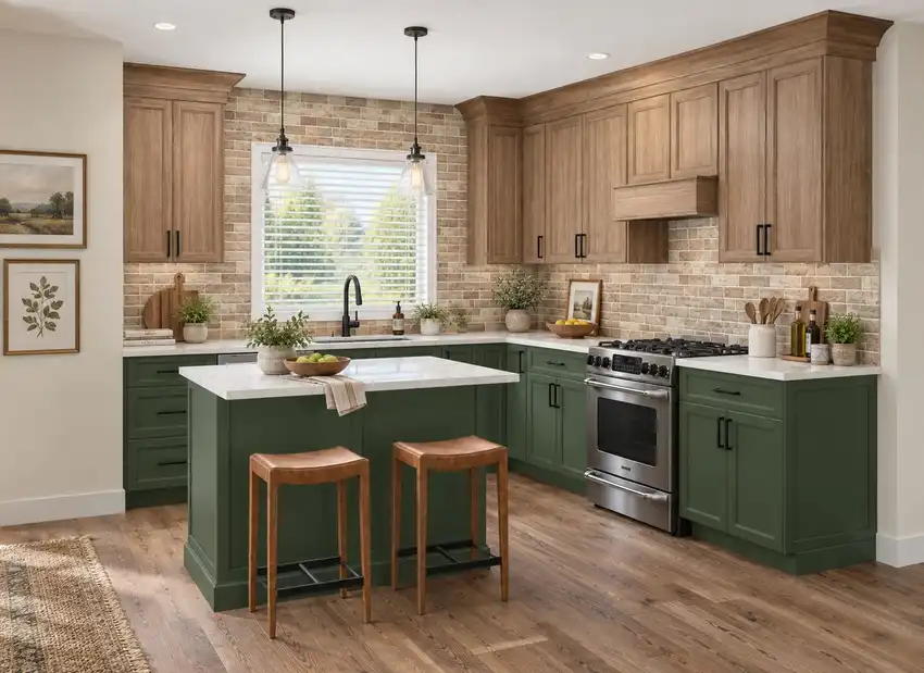 Warm Natural + Deep Green kitchen, 3D design