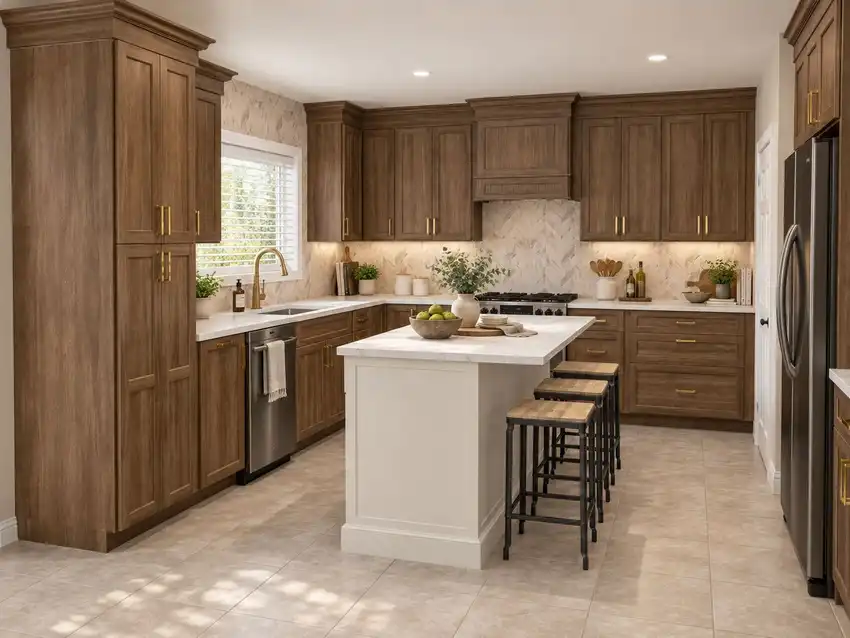 Warm Walnut + Soft Ivory kitchen, 3D design 2