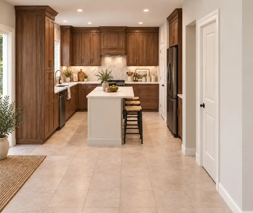 Warm Walnut + Soft Ivory kitchen, 3D design