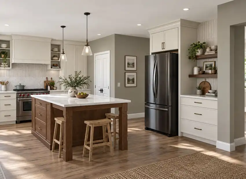 Warm White + Furniture-Style Wood Island kitchen, 3D design 2