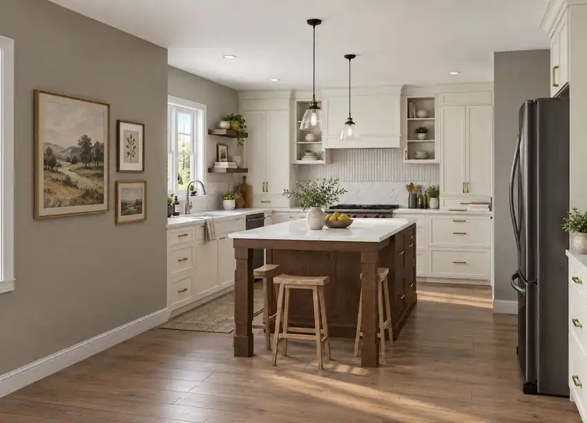 Warm White + Furniture-Style Wood Island kitchen, 3D design