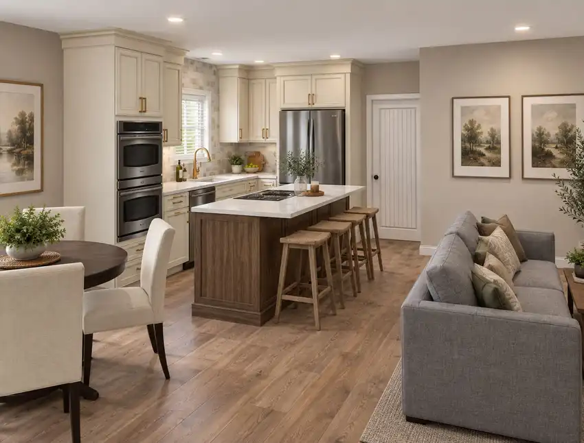 Warm White + Rich Wood Island kitchen, 3D design